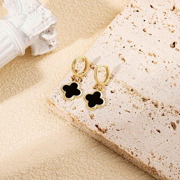 Four Leaf Clover Earrings Hoop Dangle 14K Gold Clover Earrings Non Tarnish Black - Picture 6 of 11